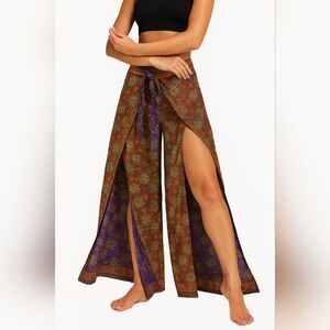 Guru 100% Silk Indian Wrap Pants Size S-L Reversible Flowy Boho Floral EUC